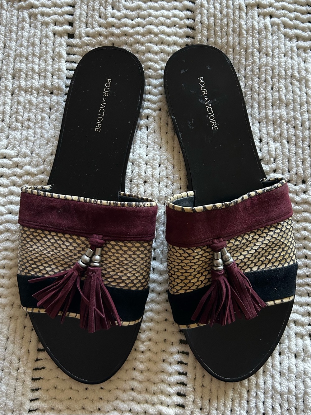 Pour La Victoire Burgundy and Black Tassel Slide Mules 8.5